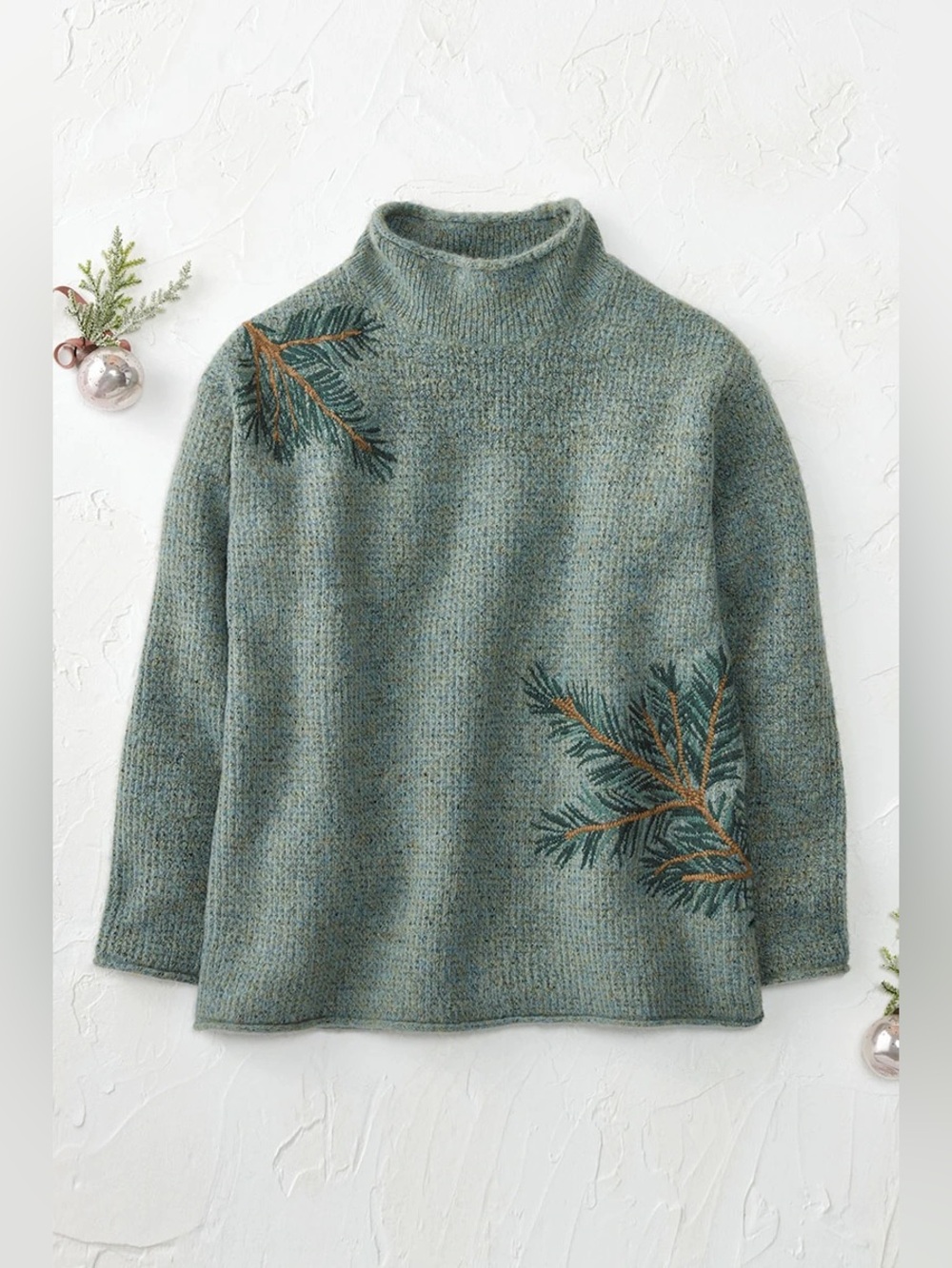 Coldwater Creek Green Pine Embroidered Mockneck Balsam Bliss Sweater Large